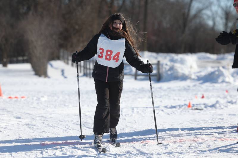 Mara Sherwood, 10-years old from Naperville, heads to the finish line in the Joliet Nordic Ski Club 4k race on Saturday, Jan. 20th, 2024 at Woodruff Golf Course in Joliet.