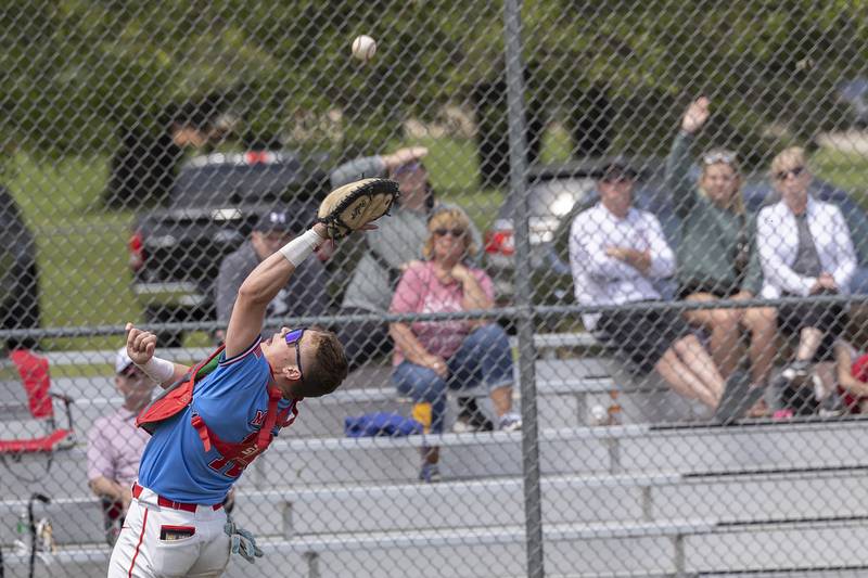 Oregon’s Gavin Morrow makes a catch for an out against Byron Saturday, May 24, 2025, in the Stillman Valley Class 2A Regional final.
