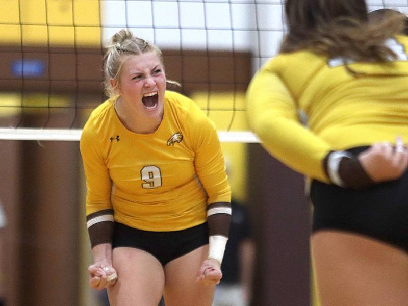 Jacobs’ Teagan Van Stone howls with delight during the Golden Eagles’ win over Prairie Ridge in varsity girls volleyball at Algonquin on Thursday, Sept. 1, 2022.
