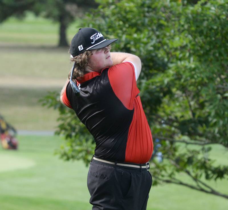 Forreston's Kaden Brown watches his drive at the 1A Pearl City Regional at Wolf Hollow Golf Course in Lena on Wednesday, Oct. 1, 2025.