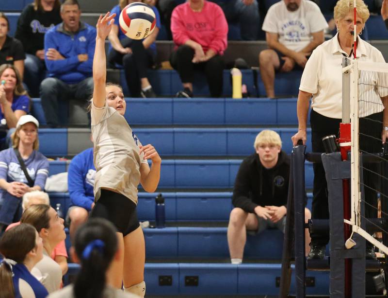 Princeton's Keighley Davis leaps in the air to send a kill to El Paso-Gridley in the Class 2A Regional Semifinals on Tuesday, Oct. 29, 2024 at Fieldcrest High School.
