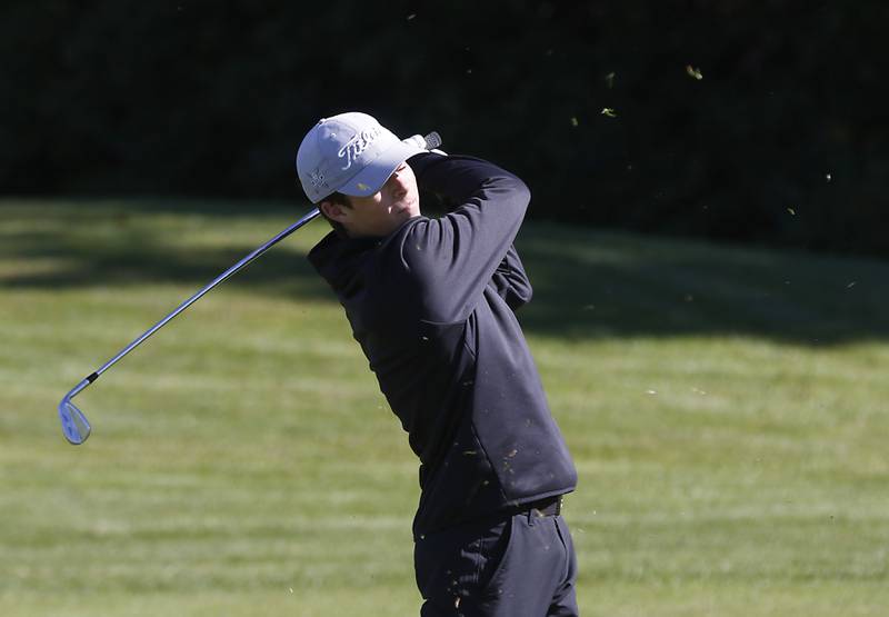 Prairie Ridge’s Austin Klauser watches his fairway shot on the ninth hole during the IHSA 2A Marengo Regional Golf Tournament Wednesday, Sept. 28, 2023, at Marengo Ridge Golf Club.