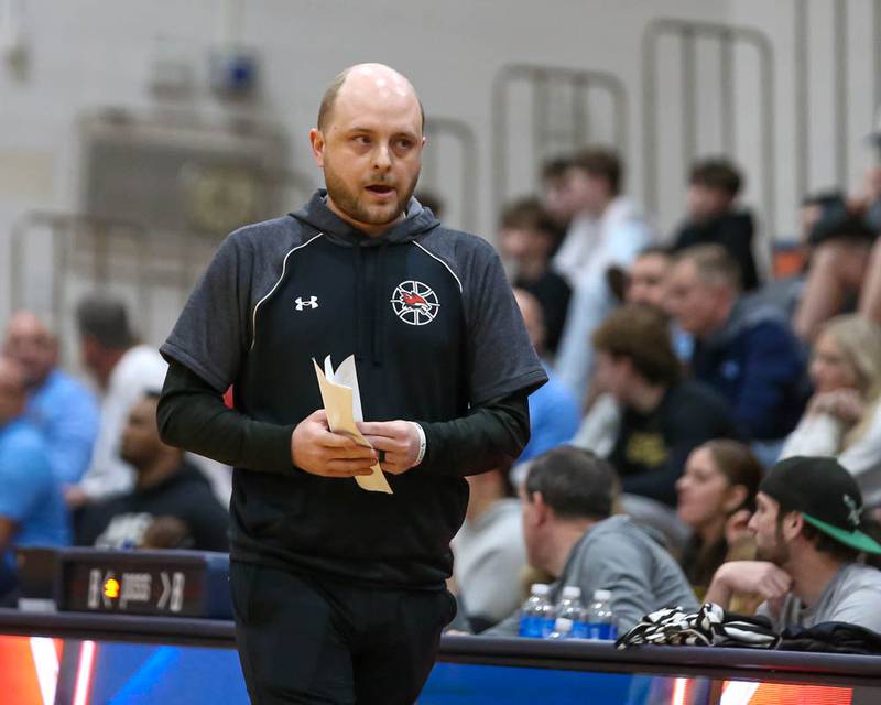 Yorkville's head coach John Holakovsky looks on during their Class 4A Naperville North Regional final basketball game between Yorkville at Downers Grove South, Feb 27, 2026 in Naperville.