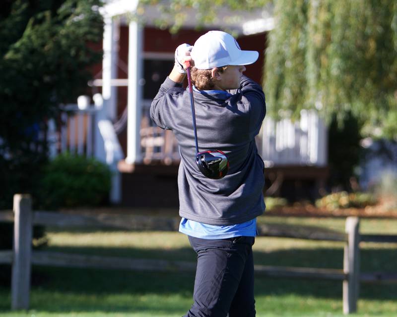 Burlington Central's Matthew Kowalik tees off at the Cary-Grove Boy's Golf Invite at Foxford Hills Golf Club on Saturday, Sept. 9, 2023, in Cary.
