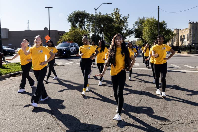 Members of the dance team participate in the Joliet Central homecoming parade on Sept. 27. 2025.