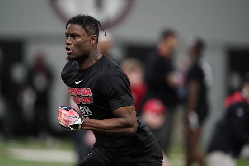 George Pickens runs drills during Georgia's Pro Day on March 16, 2022 in Athens, Ga.