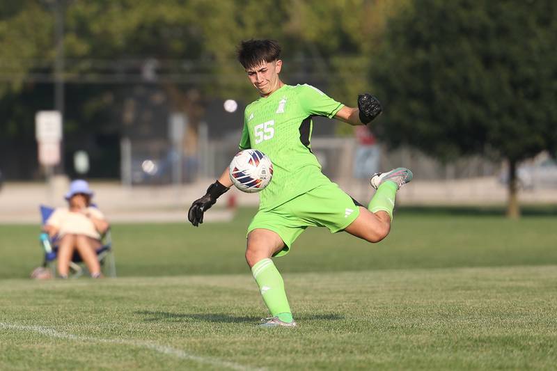 Joliet Catholic keeper Adan Medina puts the ball in play against Providence on Aug. 21, 2023 in New Lenox.