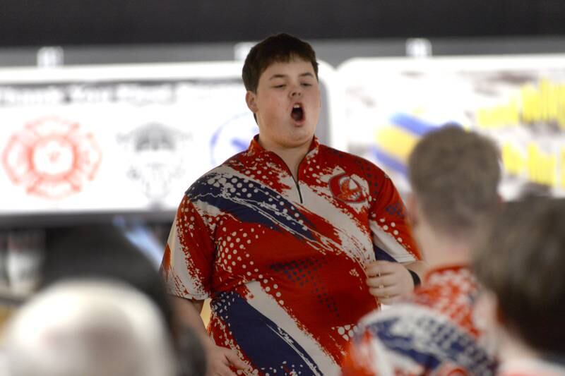 Oregon's Ethan Smice reacts after a strike with his team at the Harlem Regional on Saturday, Jan. 18, 2025 at Forest Hills Lanes in Machesney Park.