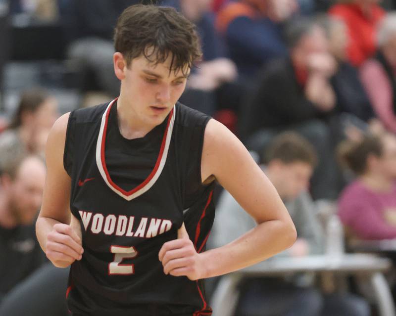 Woodland's Noal Price shows disappointment after loosing to Indian Creek during the Class 1A Sectional Semifinal game on Wednesday, March 4, 2026 at Amboy High School.