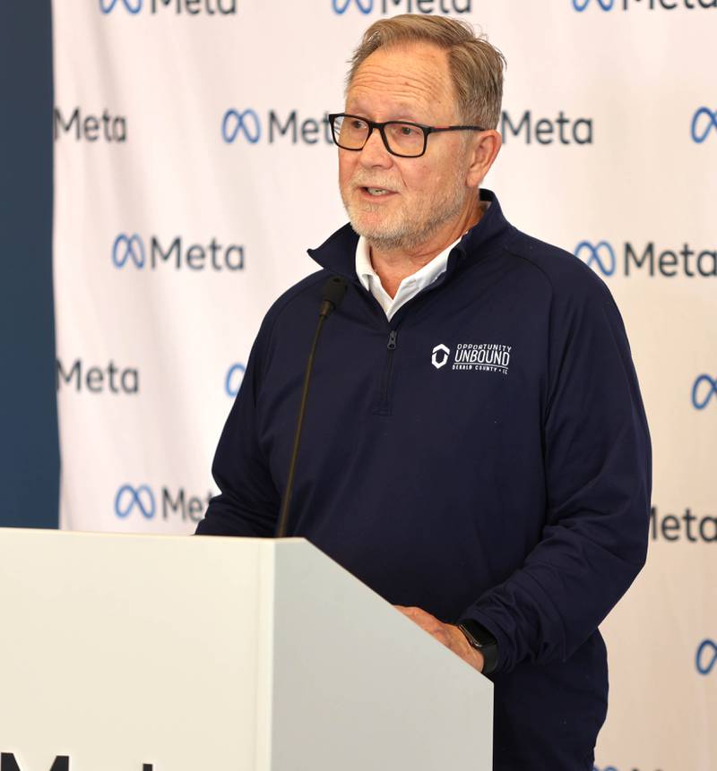 Paul Borek, executive director of the DeKalb County Economic Development Corporation, speaks during a press conference Wednesday, April 27, 2022, at the Meta DeKalb Data Center. Meta announced Wednesday that they will be expanding the Meta DeKalb Data Center by three new buildings. Once completed, the nearly 2.4 million-square-foot data center will represent an investment of over $1 billion and will support more than 200 operational jobs.