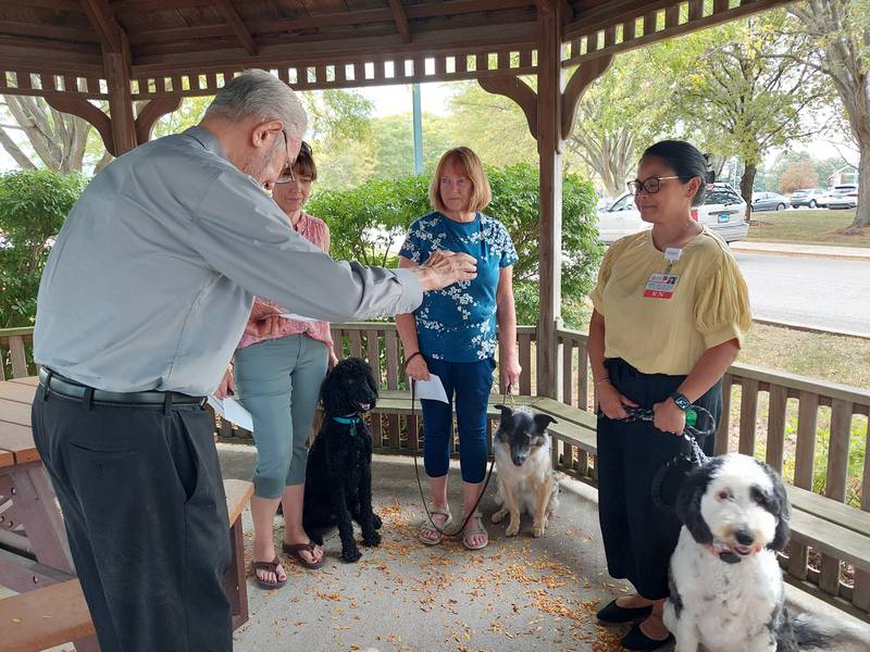 Deacon Ron Wackerlin blesses a trio of dogs (from left) Ernie with Nicole Wirtel; Rosie with Pat Pohl; Millie with Annabel Tomas on Wednesday, Oct. 4, 2023, at OSF St. Elizabeth in Ottawa, during the blessing of animals in celebration of St. Francis of Assisi.