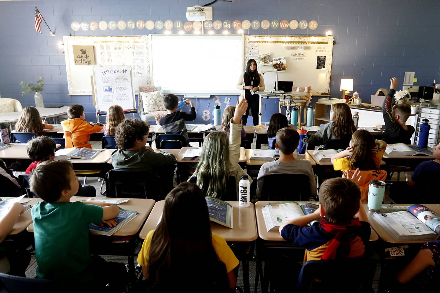 Third grade teacher Kara Lentine teaches her class at Johnsburg Elementary School on Wednesday, April 19, 2023. Lentine, who is just two years into her teaching career, received an Early Career Educator Special Recognition from the state for her work.