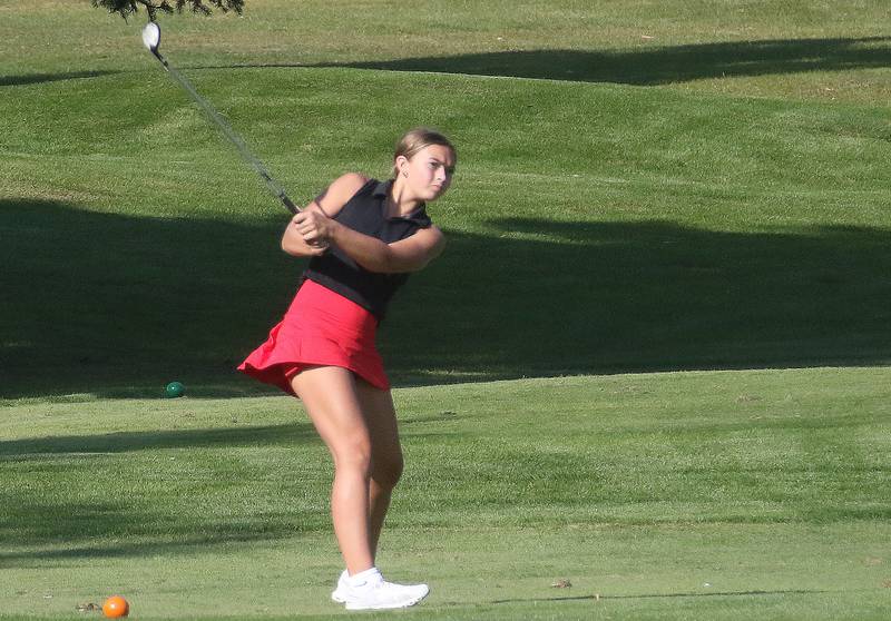 Ottawa's Sophia Nanouski tees off on Monday, Sept. 8, 2025 at Deer Park Golf Club in Oglesby.