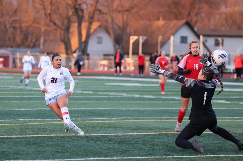Kanakee's Jocelyn Sanchez scores a goal past Bradley-Bourbonnais' Jocelyn Zettergren during the Kays' 3-2 loss to the Boilermakers in the All-City matchup on Thursday, March 27.