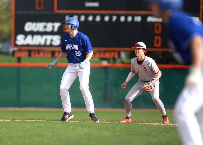 Wheaton North's Max Burke leads off from second base during a game against St. Charles East on Wednesday, April 23, 2025 in St. Charles.