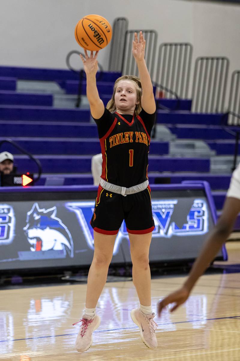 Tinley Park's Corah Horbaczewski takes a shot during a WJOL Girls Basketball Tournament game against Joliet West at Joliet Junior College on Nov. 18, 2025.