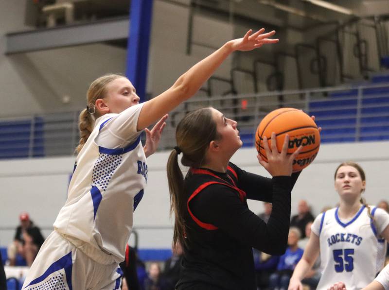 Huntley’s Sara Bruns works under the hoop in varsity girls basketball on Monday, Feb. 9, 2026, at Central High School in Burlington.