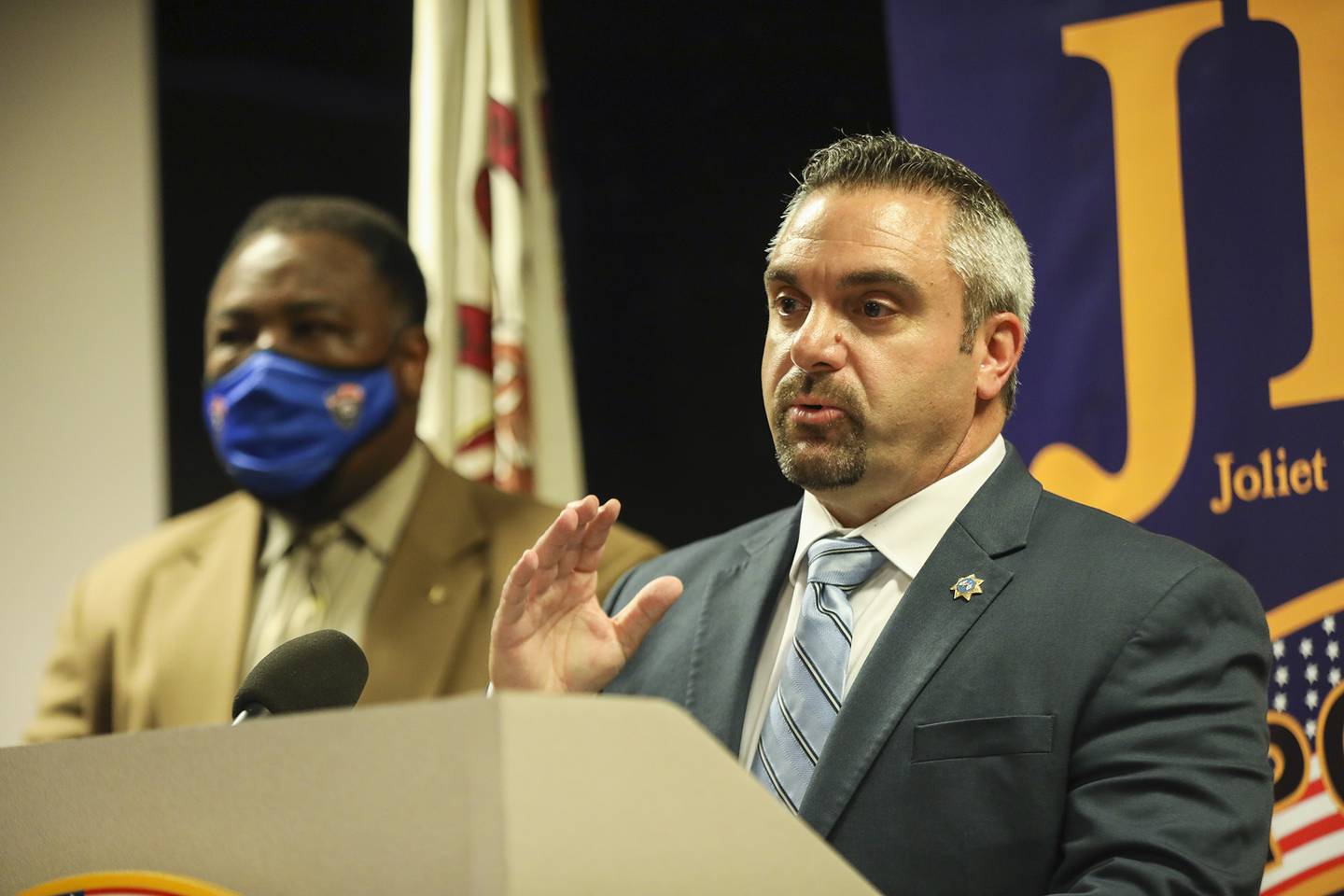 Joliet police Lt. Joe Egizio addresses the media on Friday, April 30, 2021, at Joliet Police Dept. in Joliet, Ill. Police officials speak about the investigation that led to the arrest of Jeremy Hylka on charges of traveling to meet a minor and grooming.