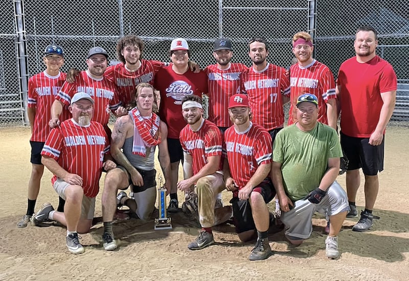 Malden Methodist captured its second league championship in three years, defeating United Methodist in two games Thursday night at Westside Park. Team members are Bill Kuhne (front row, from left), Noah Atkinson, Tanner Kuhne, Jett Wedekind and Justin Smith; and (back row) Alex Jagers, Colton Kuhne, Sean Riordan, Elliott Quartucci, Austin DeBates, Brayden DeBates, Michael Camp and Vince Vergamini.