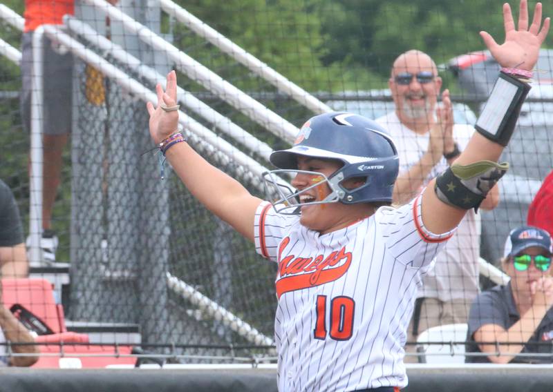 Oswego's Kiyah Chavez reacts after hiting an inside the park home run against Mundelein during the Class 4A third place game on Saturday, June 8, 2024 at the Louisville Slugger Sports Complex in Peoria.