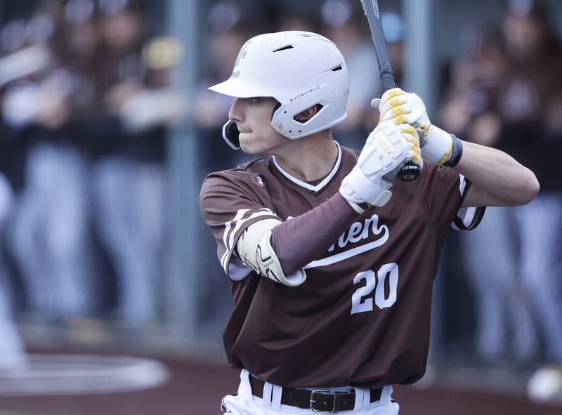 Joliet Catholic's Matthew Simmons (20) bats during the varsity baseball game on Wednesday, April 20, 2025 between Nazareth and Joliet Catholic academies in La Grange Park.