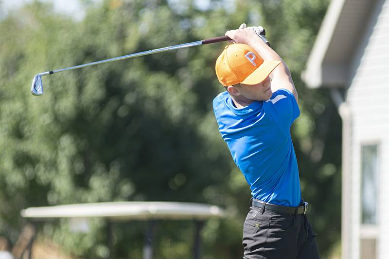 Genoa-Kingston’s Landon Ritchie tees off on no. 4 at Emerald Hill in Sterling for the Class AA IHSA sectional golf meet.