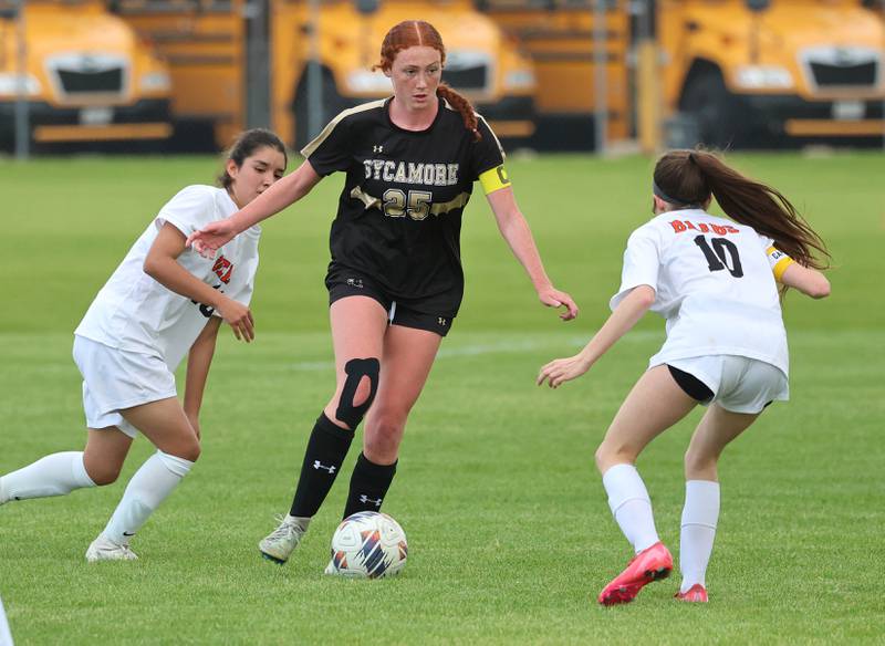 Sycamore's Isabelle Segreti looks to get by DeKalb's Arianna Weishaar Thursday, May 7, 2026, during their game at Sycamore High School.