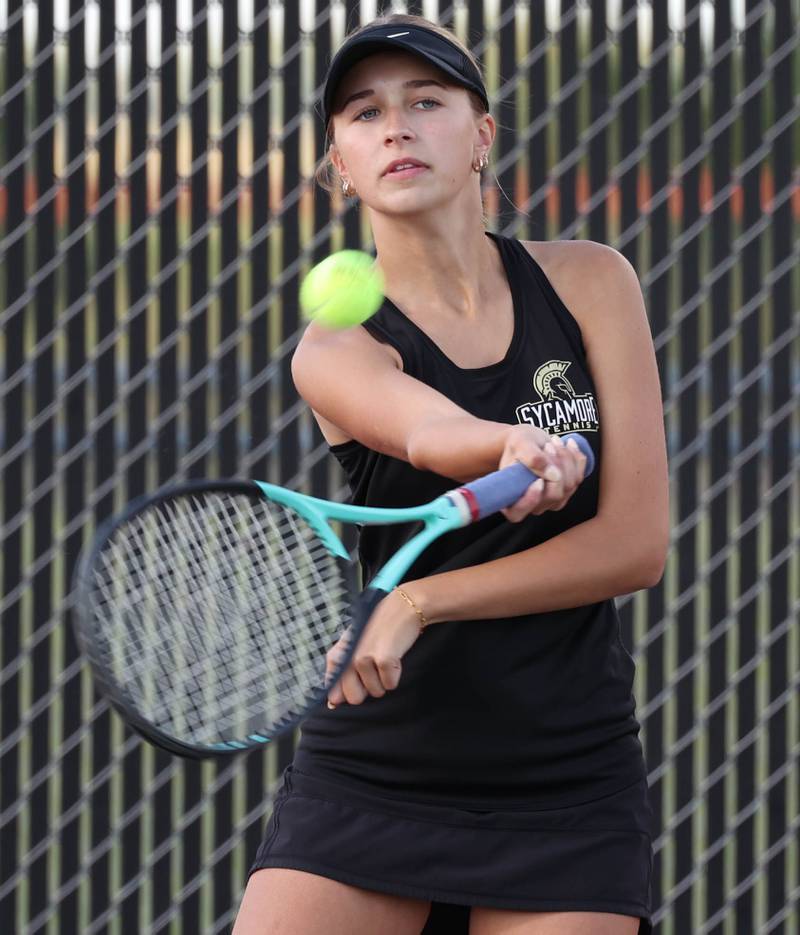 Sycamore’s Jetta Weaver hits a forehand during her match against DeKalb Wednesday, Sept. 13, 2023, at DeKalb High School.