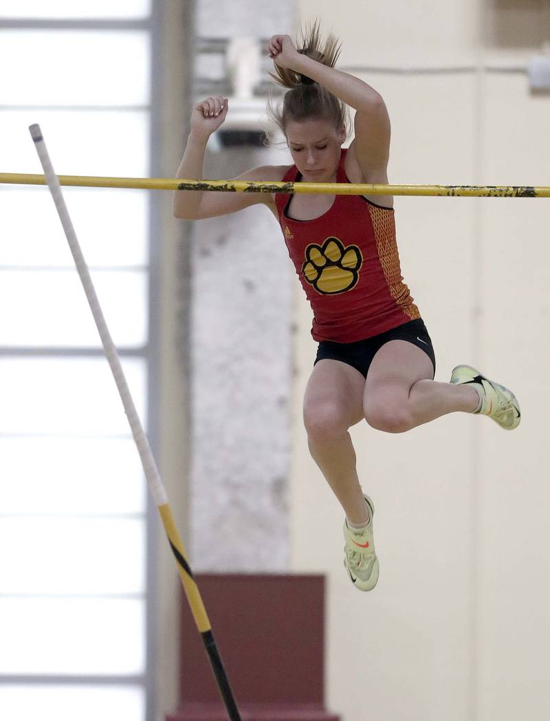 Batavia’s Megan Schulhof competes in the pole vault during the DuKane Girls Indoor Championship track meet Friday March 18, 2022 in Batavia.