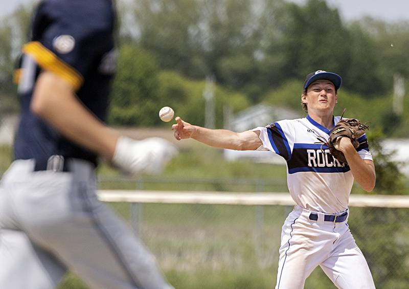 Burlington Central’s Jake Herman throws to first against Sterling during a class 3A regional final in Rochelle Saturday, May 27, 2023.