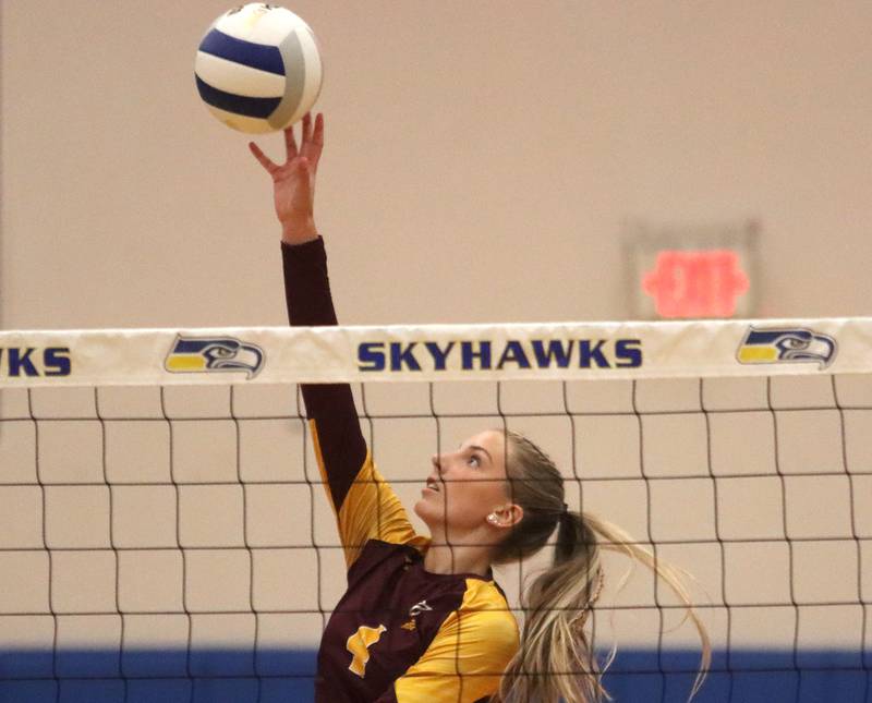 Richmond-Burton’s Daniella Hopp hits the ball in varsity girls volleyball at Johnsburg High School in Johnsburg on Thursday, August 25, 2025.