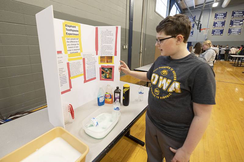 Matthew Gabrielse, eighth grader, chose to examine the difference which dish soap is best when making homemade “Elephant's Toothpaste” during a STEM exhibit at Challand Middle School Thursday, March 9, 2023.