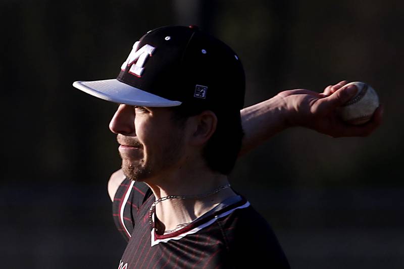 Marengo's Michael Kirchhoff throws a pitch during a Kishwaukee River Conference baseball game against Richmond-Burton on Thursday, April 25, 2024, at Marengo High School.