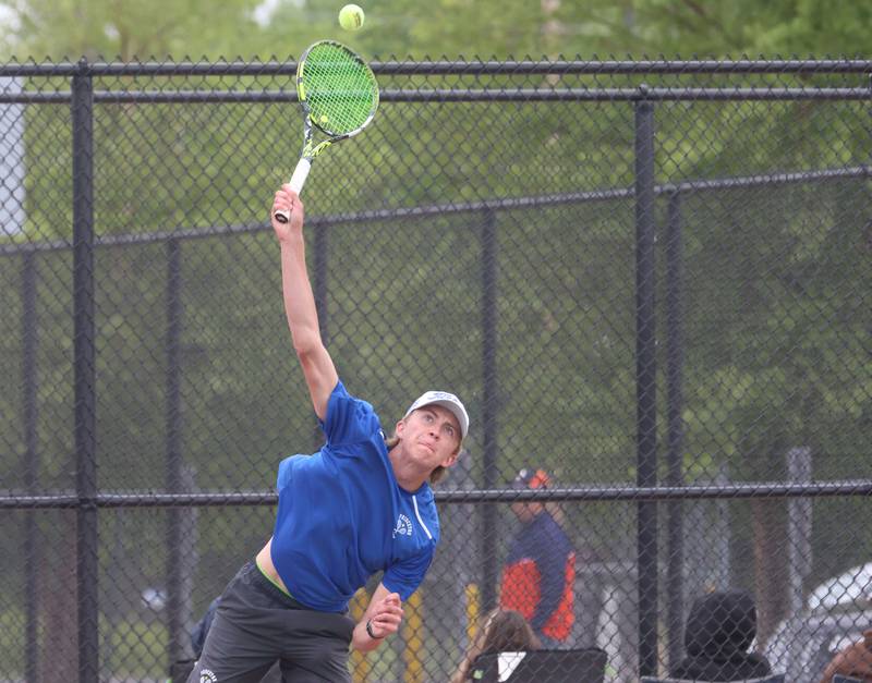 Princeton's Jackson Mason serves the ball during the Class 1A Sectional tennis meet on Friday, May 22, 2026 at the La Salle-Peru Township High School Athletic Complex in La Salle.