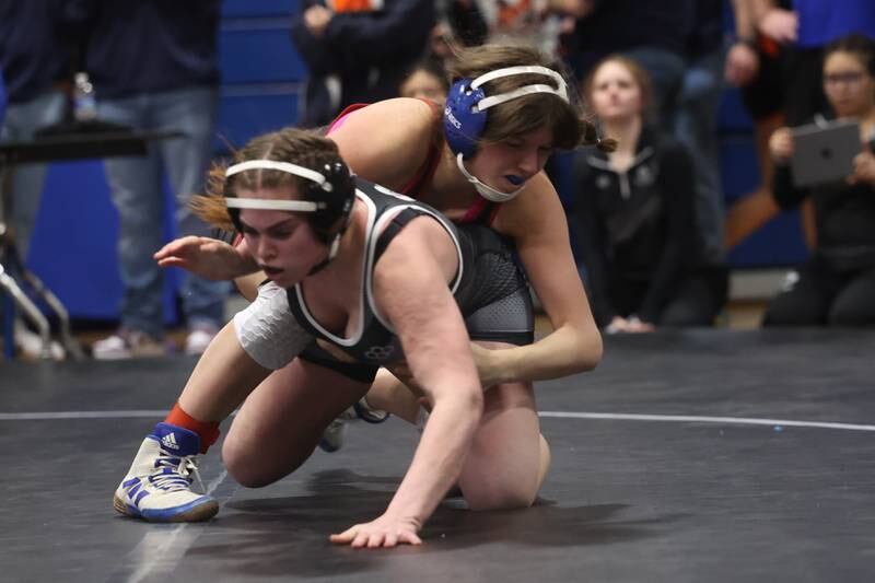 Plainfield North’s Viktoriia Rodnikova brings down Joliet Township’s Veronica Klobnak in the Southwest Prairie Conference 140 pound Championship at Joliet Central on Saturday, Jan. 20th, 2024.