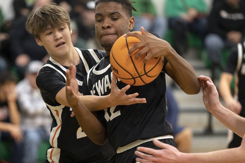 Kewanee’s Brayden Conley grabs a rebound against Rock Falls Wednesday, Nov. 27, 2024, at Rock Falls High School.
