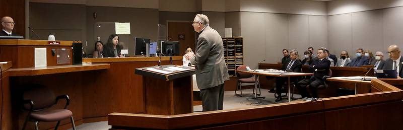 Michael M. Penkava speaks to the court during a sentencing hearing Friday, March 25, 2022, before Judge Mark Gerhardt at the McHenry County Michael J. Sullivan Judicial Center in Woodstock. Gerhardt sentenced Penkava and Colin B. Scott to one year of supervision, 10 hours of community service and $250 fine. Penkava and Scott are both elders in a Crystal Lake Jehovah's Witnesses congregation who were convicted last week of misdemeanors for failing to report the sexual abuse of a child.