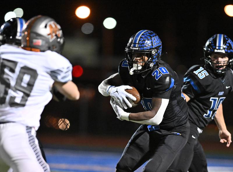 Lincoln-Way East's Zion Gist looks for a opening during the class 8A second round playoff game against Minooka on Friday, Nov. 03, 2023, at Franfort. (Dean Reid for Shaw Local News Network)