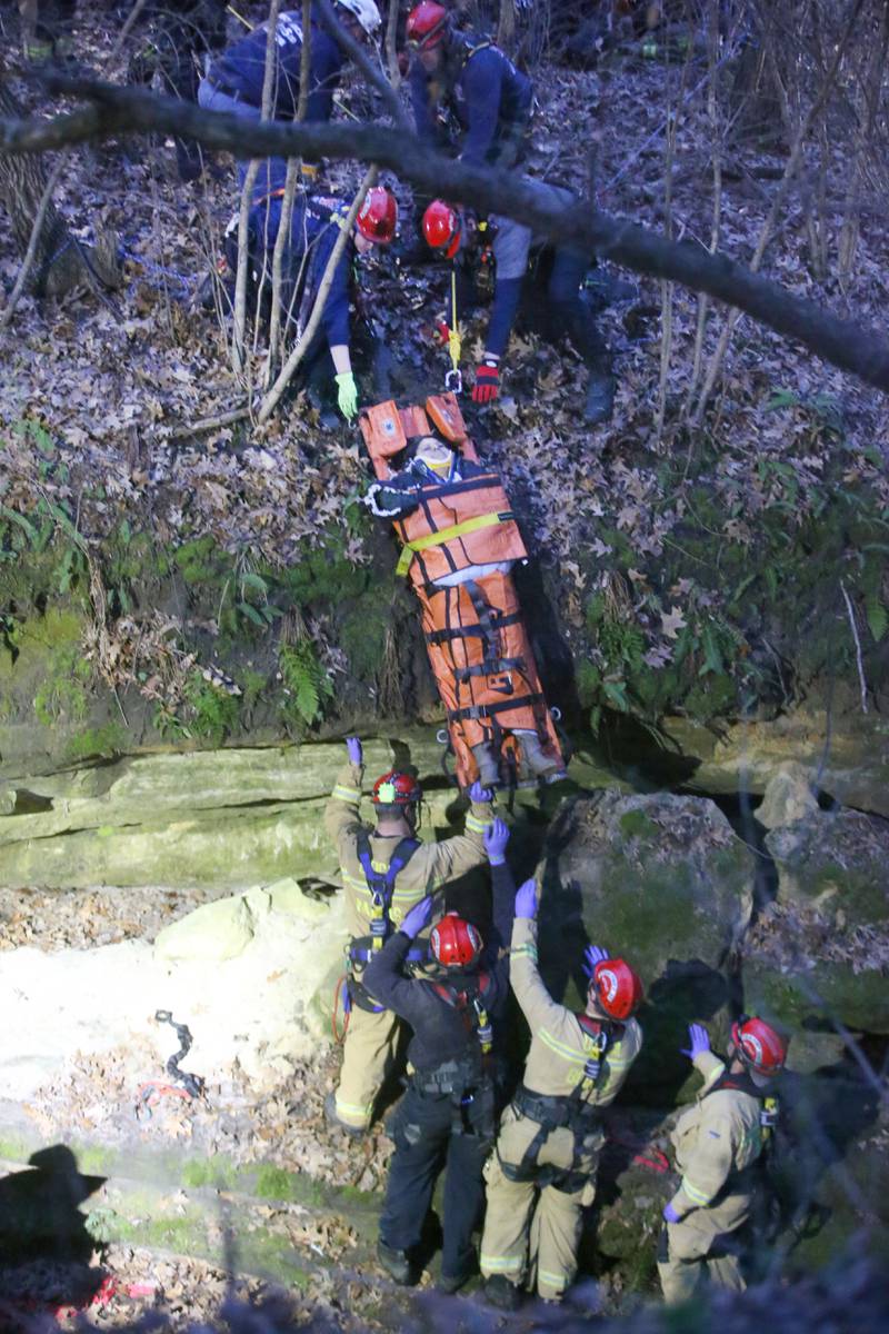 Firefighters lift a second patient out of French Canyon who fell 20-30 feet on Tuesday, April 1, 2025 at Starved Rock State Park. A Mutual Aid Box Alarm System (MABAS) prompted rope and rescuers as far as Marseilles and Princeton.