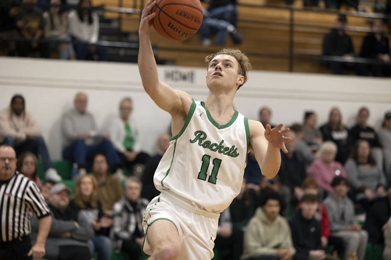Rock Falls’ Gavin Sands puts in a lay-up Friday, Feb. 10, 2023 against Genoa-Kingston.