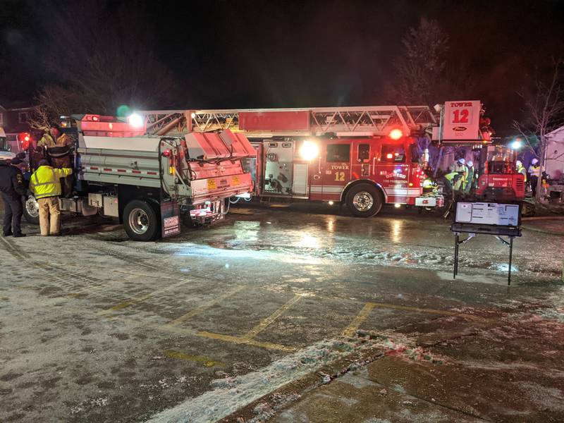 Firefighters respond to a house explosion in the 200 block of Fox Chase North in Oswego on Thursday, Jan. 29, 2026.