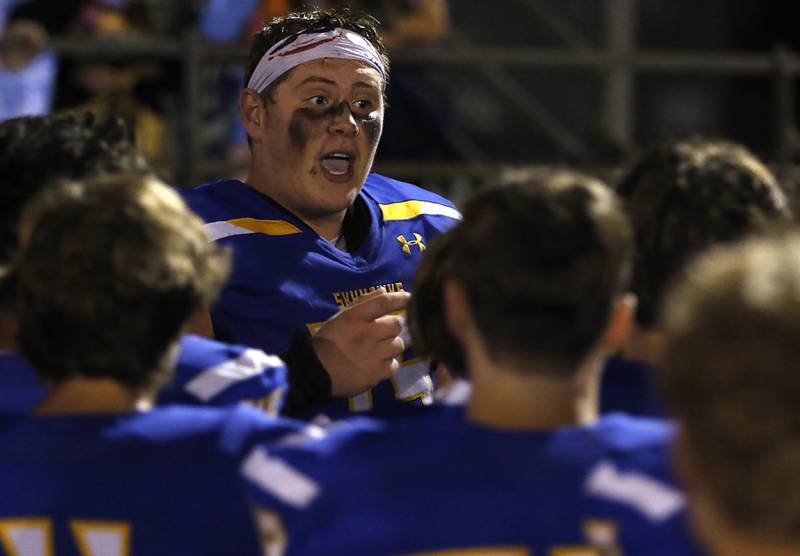 Johnsburg's Jacob Welch talks to his teammates after Johnsburg’s loss to Rochelle in a IHSA Class 4A second round playoff football game Friday, Nov. 4, 2022, at Johnsburg High School in Johnsburg.