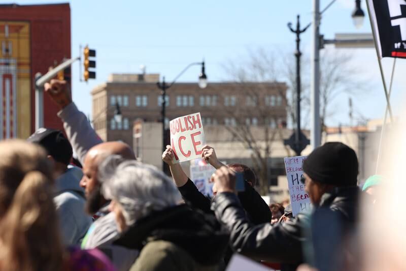 Protesters participate in the No Kings rally at the Kankakee County Courthouse on March 28, 2026.