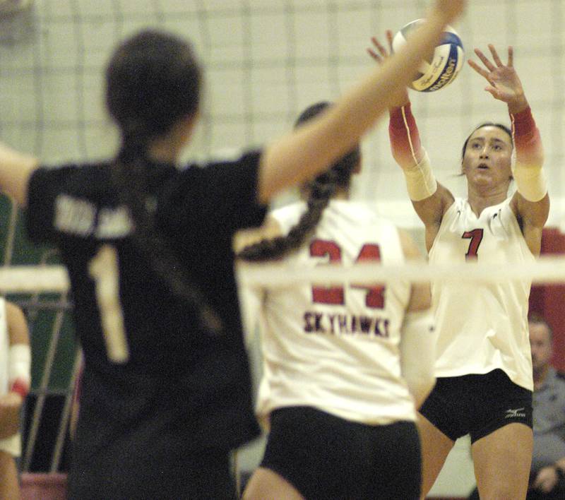 auk Valley player Kenna Wubbrna sets the ball up.     Sauk Valley College beat South Suburban College in three sets Wednesday, November 6, 2024 at Sauk Valley Community College. SVCC entered postseason as top seed in Region 4