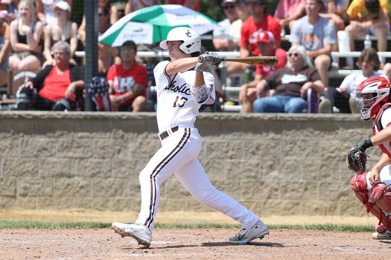 Joliet Catholic’s Brett Hulbert drives in a run against Spring Valley Hall in the Class 2A Geneseo Supersectional on Monday, May 29, 2023 in Geneseo.