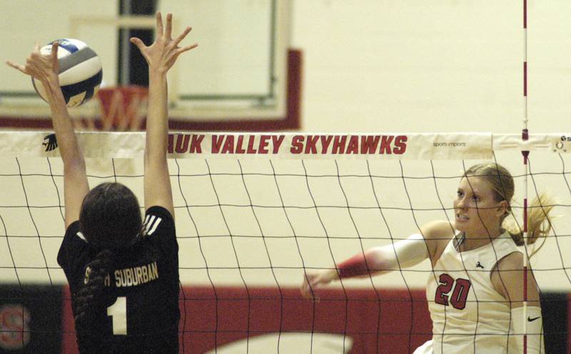 Skyhawk player Lacey Eissens pounds the ball.Sauk Valley College beat South Suburban College in three sets Wednesday, November 6, 2024 at Sauk Valley Community College. SVCC entered postseason as top seed in Region 4.