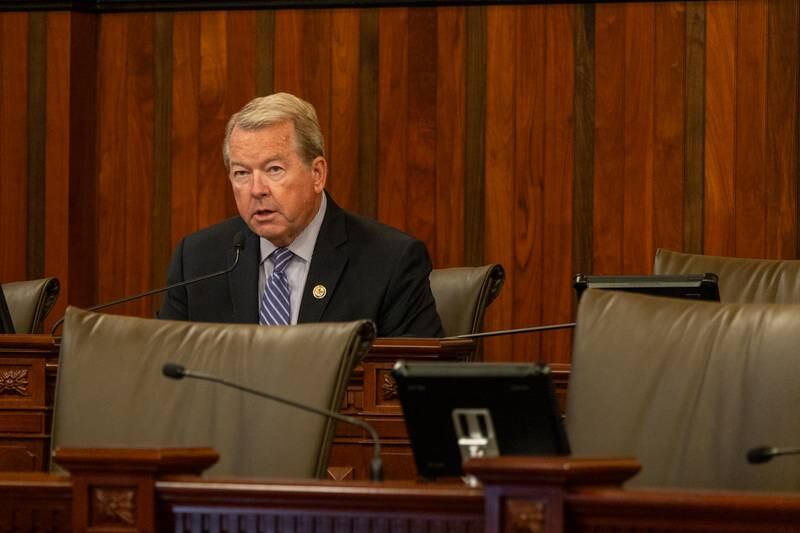 Sen. Don DeWitte, R-St. Charles, speaks at a Senate Transportation Committee hearing. DeWitte is the Republican spokesperson for the committee.