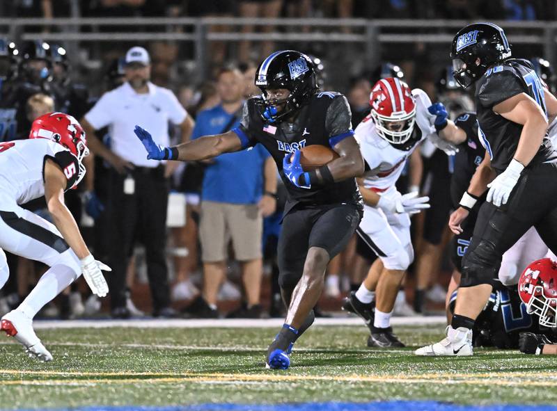 Lincoln-Way East's Zion Gist rushes for a big gain during a non-conference game against Maine South on Friday, Aug. 30, 2024, at Frankfort. (Dean Reid for Shaw Local News Network)