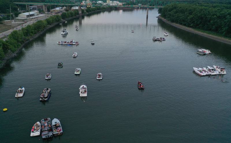 An aerial view of boats on the Illinois River for the Independence Day fireworks on Thursday, July 3, 2025 in Peru.
