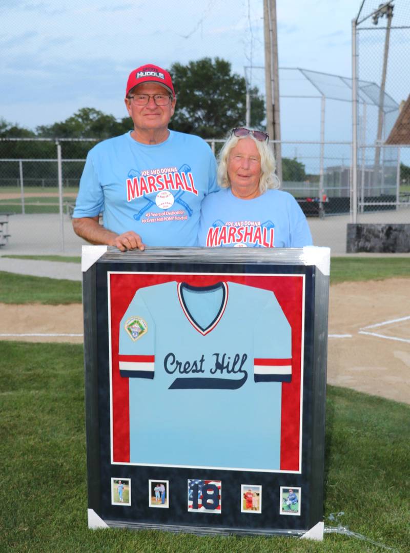 A retirement ceremony was held Aug. 4 for Donna and Joe Marshall after 45 years of dedication to Crest Hill Pony League and the DuPage River Conference, which Joe helped create, amongst other baseball accomplishments. Joe Marshall posted a 2,016-748 record as a coach in Pony, grade school and high school baseball, including three Pony League state championships and a runner-up IESA State finish. Donna, also, was a tireless volunteer working on the fields, in the concession stand and with league finances. “We would like to thank everyone who attended,” the couple wrote. “It was an event [we] will cherish forever.”